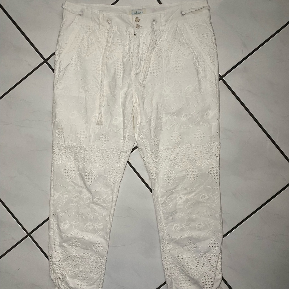 Sundance white crochet pants with scrunched string bottoms